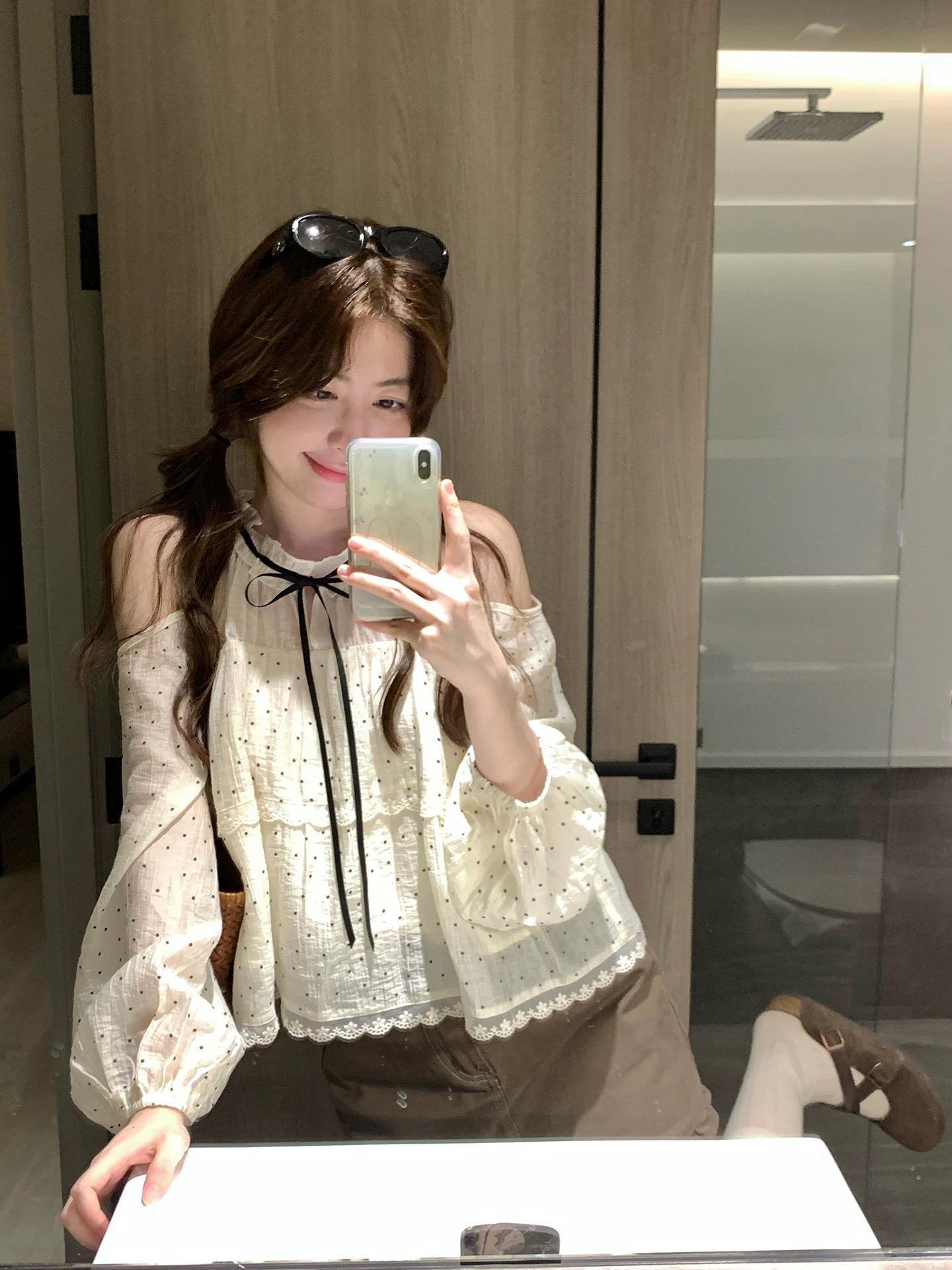 ptonumi 조기 지 봄 나이 3.3 일 늦게 8시 켜기 새로운 오프숄더 나비 매듭 도트 무늬 셔츠