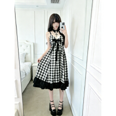 批发浪漫序曲 气质温柔风古早vintage感<b class='q'>蝴蝶结</b>黑白格子吊带收腰<b class='q'>连衣裙</b>