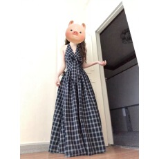 批发韩系复古格纹挂脖v领连衣裙女春季新款针织<b class='q'>开衫</b>蝴蝶结长裙套装