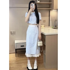 批发富家千金学院风衬衫连衣裙女夏季法式盐系轻熟高级感长裙两件套装