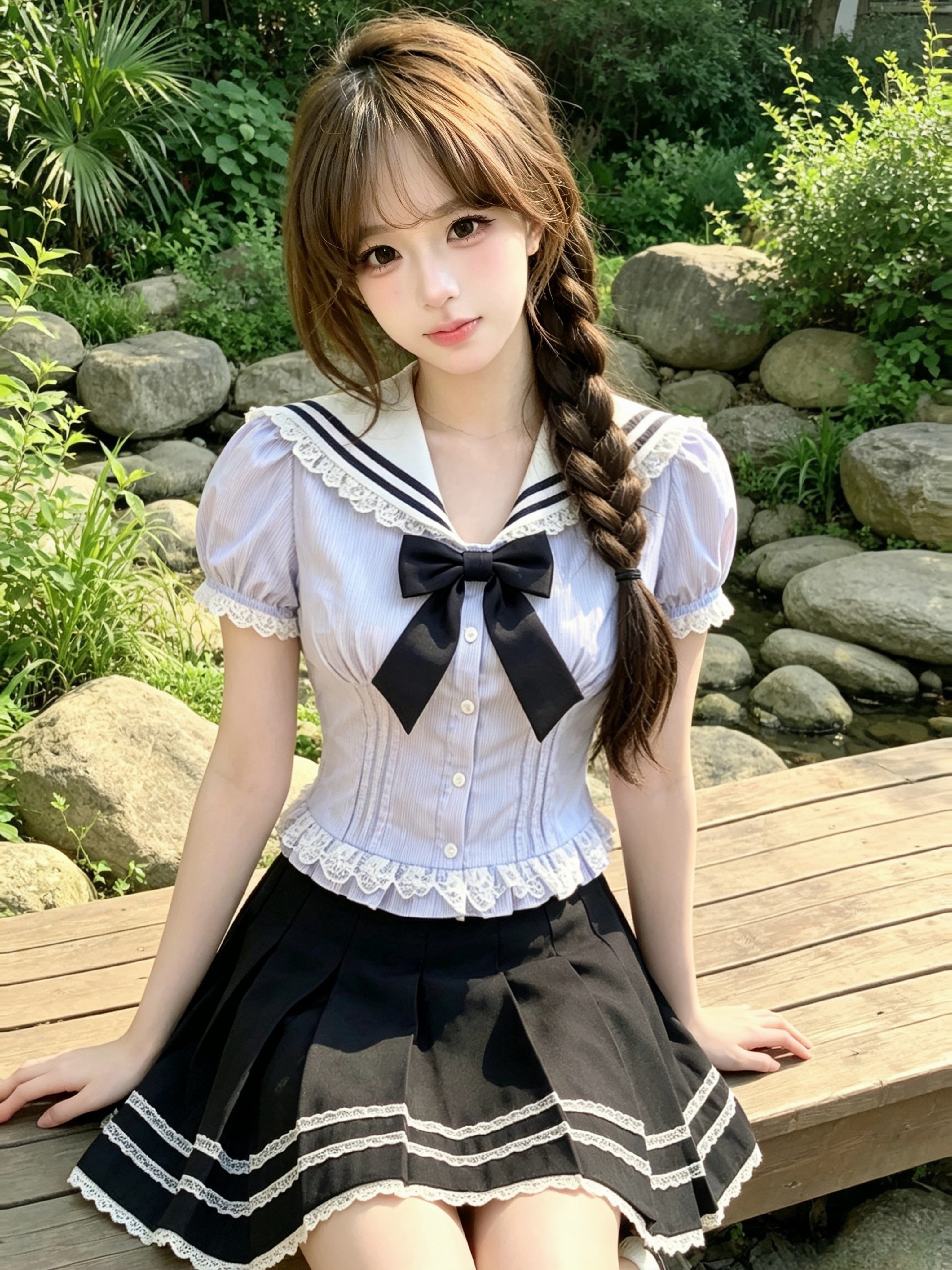 일본식 달콤한 자매 jk 유니폼 나비 매듭 투피스 슈트 해군 칼라 레이스 슬림해 보이는 허리 수축 맨위 플리츠 스커트