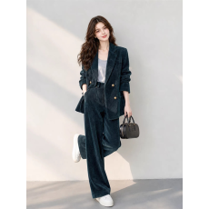 批发苔藓绿轻飒都市灯芯绒<b class='q'>西装</b>外套阔腿裤套装女秋高级感两件套