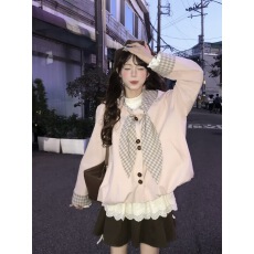 批发doll感软乎乎韩系少女套装粉色秋冬款 拼接格纹宽松风衣+咖色短裙