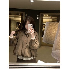 批发PtonUmi[9.27晚8点上新】格子拼接连帽花苞毛呢外套加半<b class='q'>裙</b>
