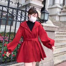 批发小个子连帽斗篷毛呢外套女秋冬新款设计感收腰绑带中长款呢子<b class='q'>大</b>衣
