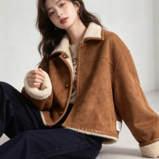 批发2026新款咖色双面穿麂皮绒长袖保暖外套女冬季羊羔毛加厚短款上衣