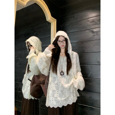 批发实拍 毛感蕾丝花连帽上衣T恤+咖色加厚气球裤