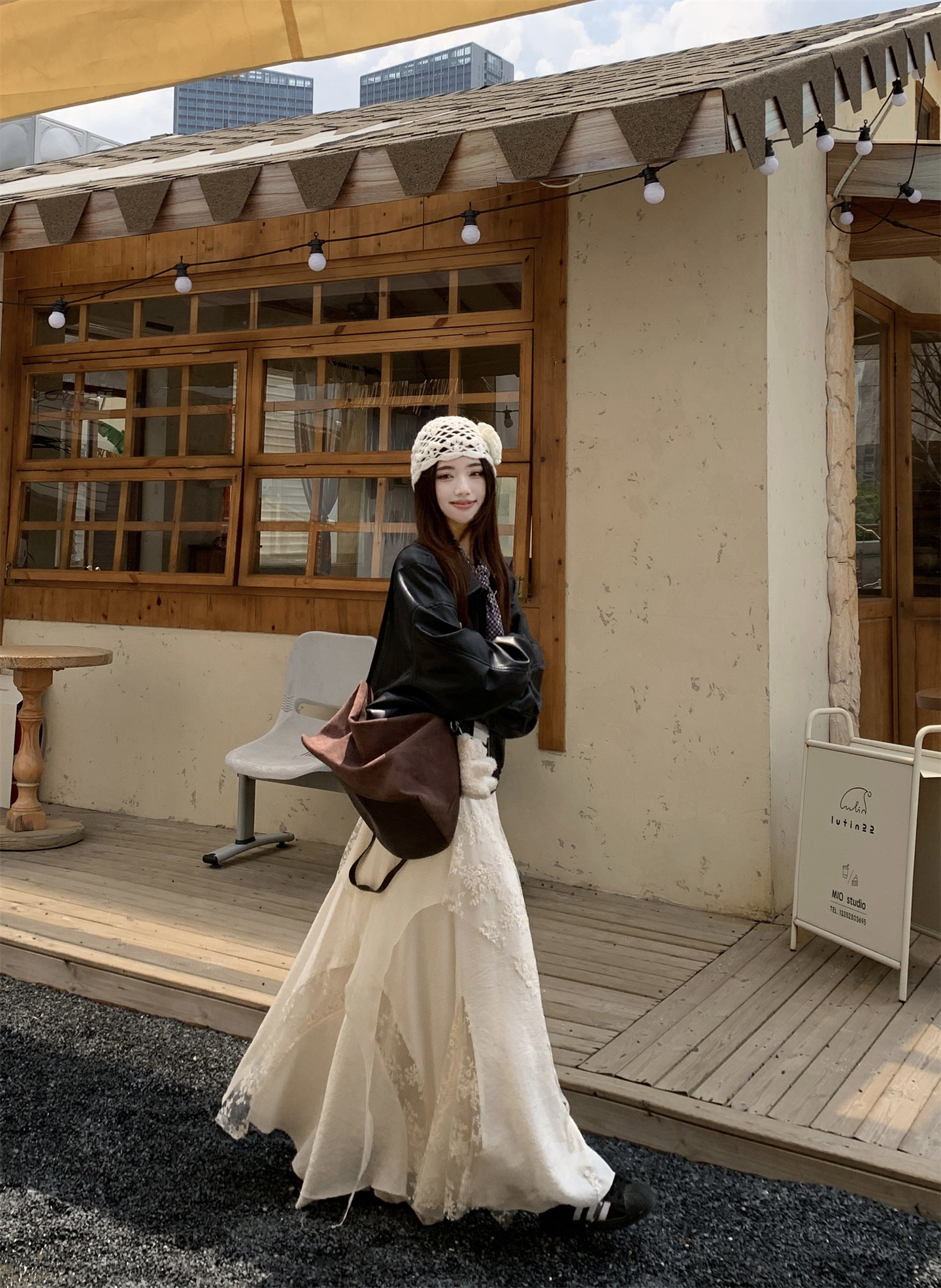 실사 화이트 봄 무거운 작업 망사 자수 패치워크 레이스 불규칙 케이크 드레스 가죽 재킷 재킷