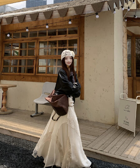 실사 화이트 봄 무거운 작업 망사 자수 패치워크 레이스 불규칙 케이크 드레스 가죽 재킷 재킷