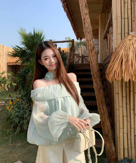 실사 봄 새로운 녹색 오프숄더 품격 긴팔 쉬폰 여성 셔츠 마이크로 ~을 통해 꽃밭 맨위 경기 꽃