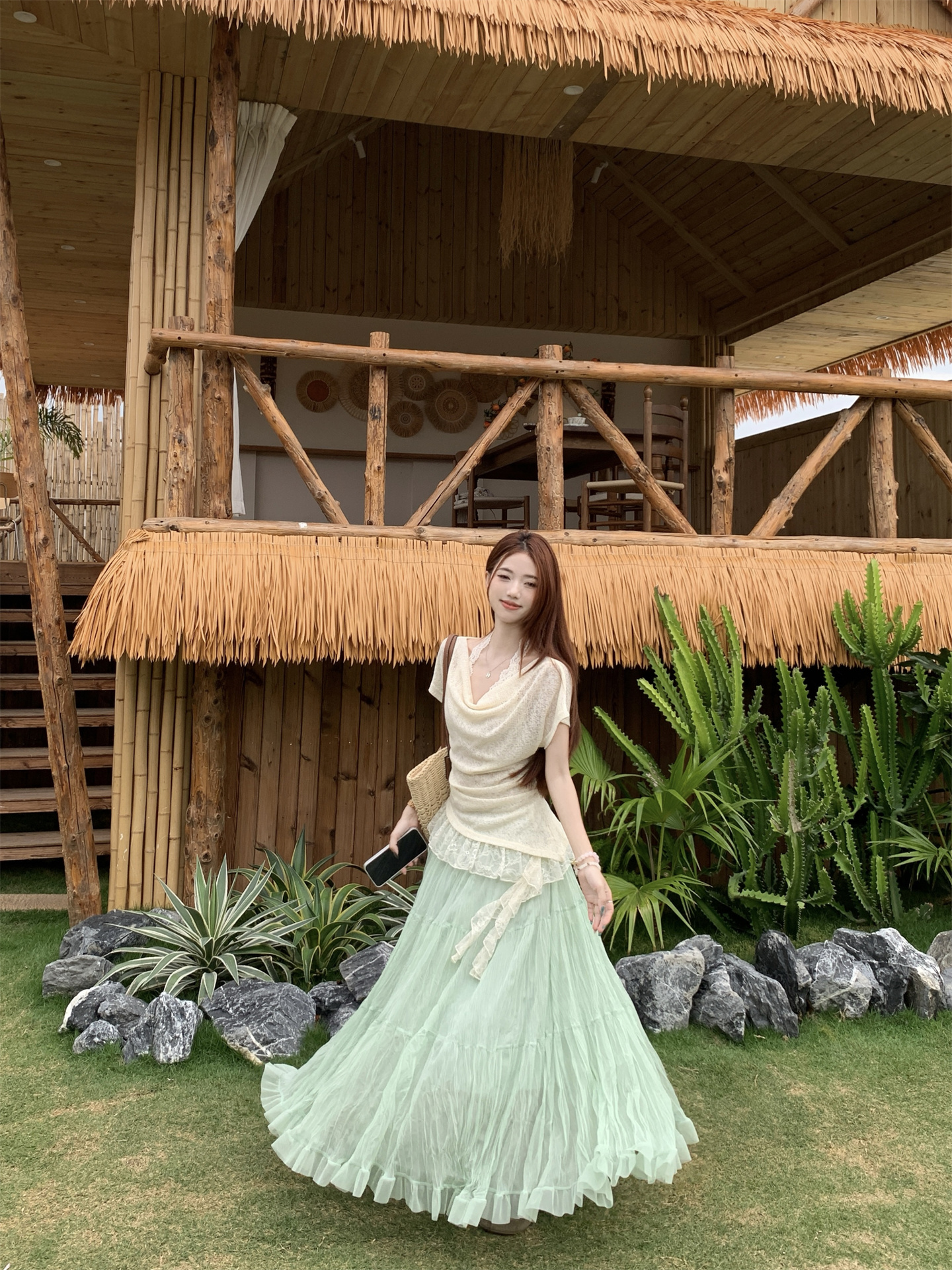 실사 로드 중 흔들다 칼라 반팔 인사이드 가져 가라. 레이스 행침 목 투피스 조끼 프릴 펌프 Pleat 망사 반신 스커트