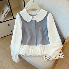 批发假两件娃娃领拼接<b class='q'>蕾丝</b>衬衫设计感秋季新款撞色针织衫百搭减龄上衣