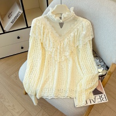 批发蕾丝衫女秋冬新款法式宫廷风长袖立领荷叶边气质时尚别致上衣