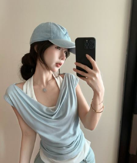 실사 정가 감소되지 않음 디자인 센스 작은 패치워크 페이크 레이어드 맨위 흔들다 칼라 몸매 가꾸기 슬림해 보이는 티셔츠
