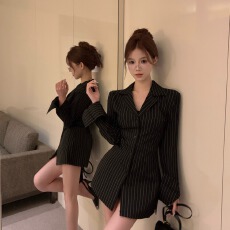 批发条纹长袖衬衫气质修身V领衬衣收腰<b class='q'>中长款</b>上衣