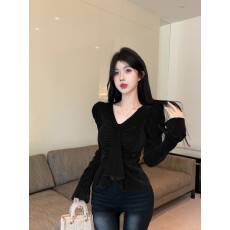 批发<b class='q'>实拍</b>！实价不减！高级小众V领褶皱百搭长袖丝绒上衣法式打底<b class='q'>衬衫</b>