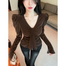 批发<b class='q'>实拍</b>！实价不减！高级小众V领褶皱百搭长袖丝绒上衣法式打底<b class='q'>衬衫</b>