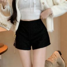 批发小香风<b class='q'>白色</b>粗花毛呢<b class='q'>短裤</b>冬季高腰外穿打底靴裤