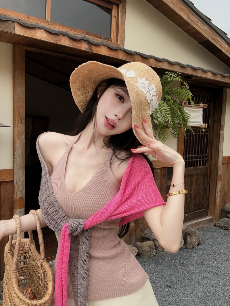 실사 정가 감소되지 않음 아름다움 어깨 함락 행침 목 슬립 모방 아마 숄 투피스 세트 여름 니트 세트