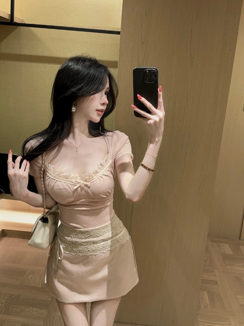 실사 정가 감소되지 않음 캐주얼 세트 레이스 조각 반팔 티셔츠 품격 하이웨이스트 타이트 스커트 반신 스커트 투피스 세트