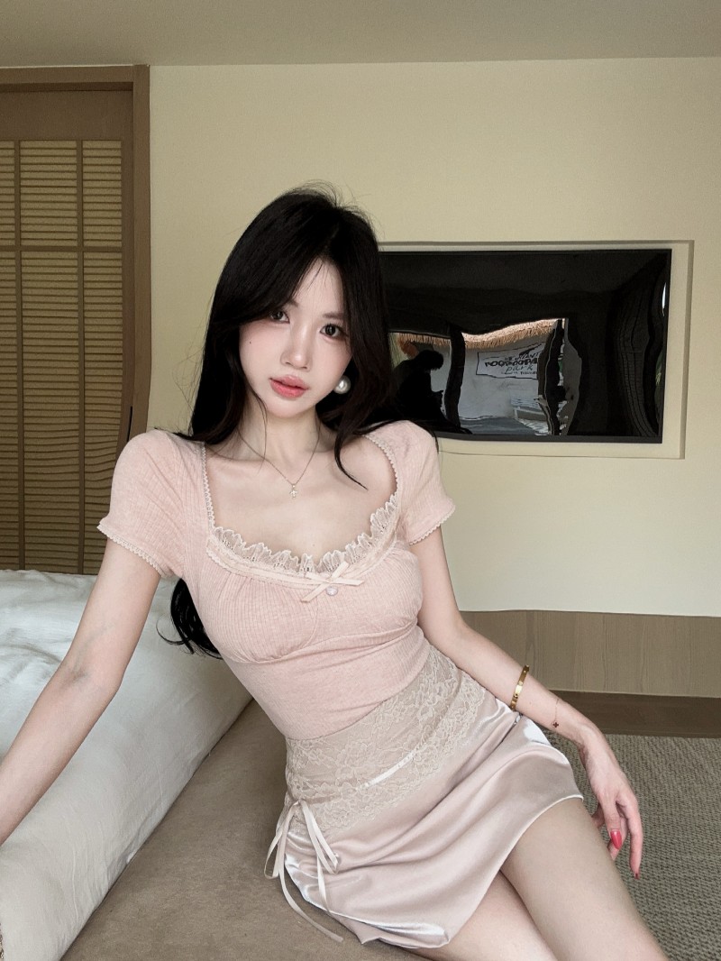 실사 정가 감소되지 않음 캐주얼 세트 레이스 조각 반팔 티셔츠 품격 하이웨이스트 타이트 스커트 반신 스커트 투피스 세트