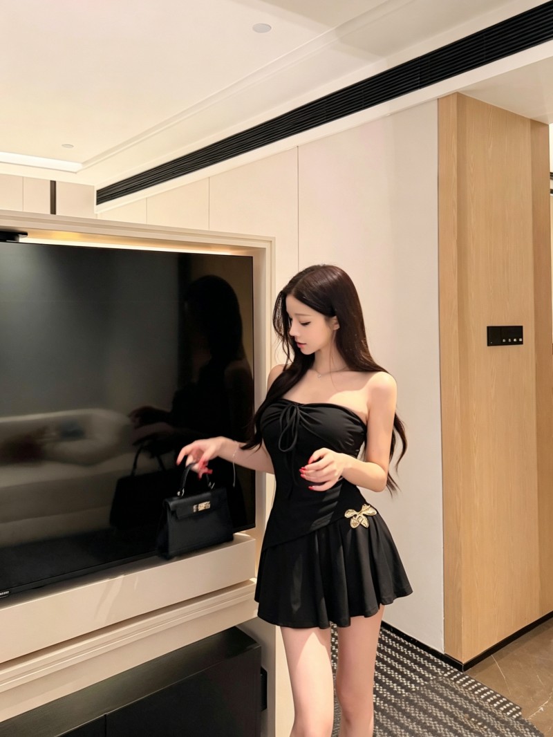 실사 정가 감소되지 않음 순수한 욕망 투피스 슈트 행침 목 민소매 기타 착용 법 맨위 한 마디 미니 스커트 세트
