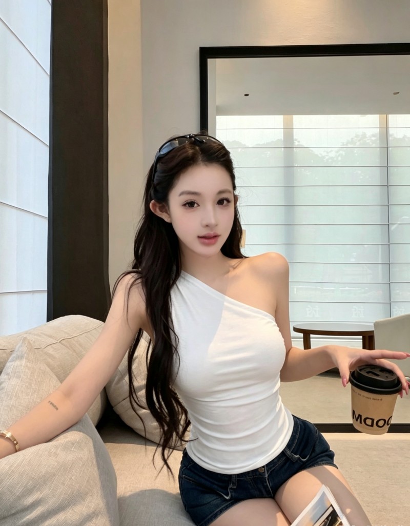 실사 정가 감소되지 않음 빛 연 아름다움 순수한 욕망 비스듬한 어깨 민소매 조끼 오프숄더 맨위