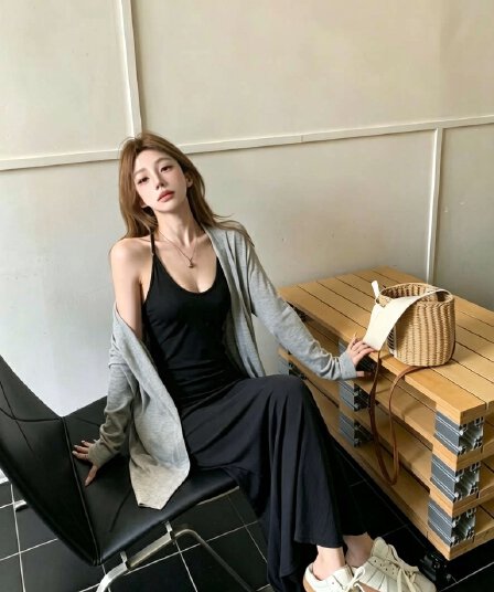 실사 정가 감소되지 않음 슬립 여성 드레스 순수한 욕망 느긋한 바람 다용도 롱 코트 오픈 가디건 세트