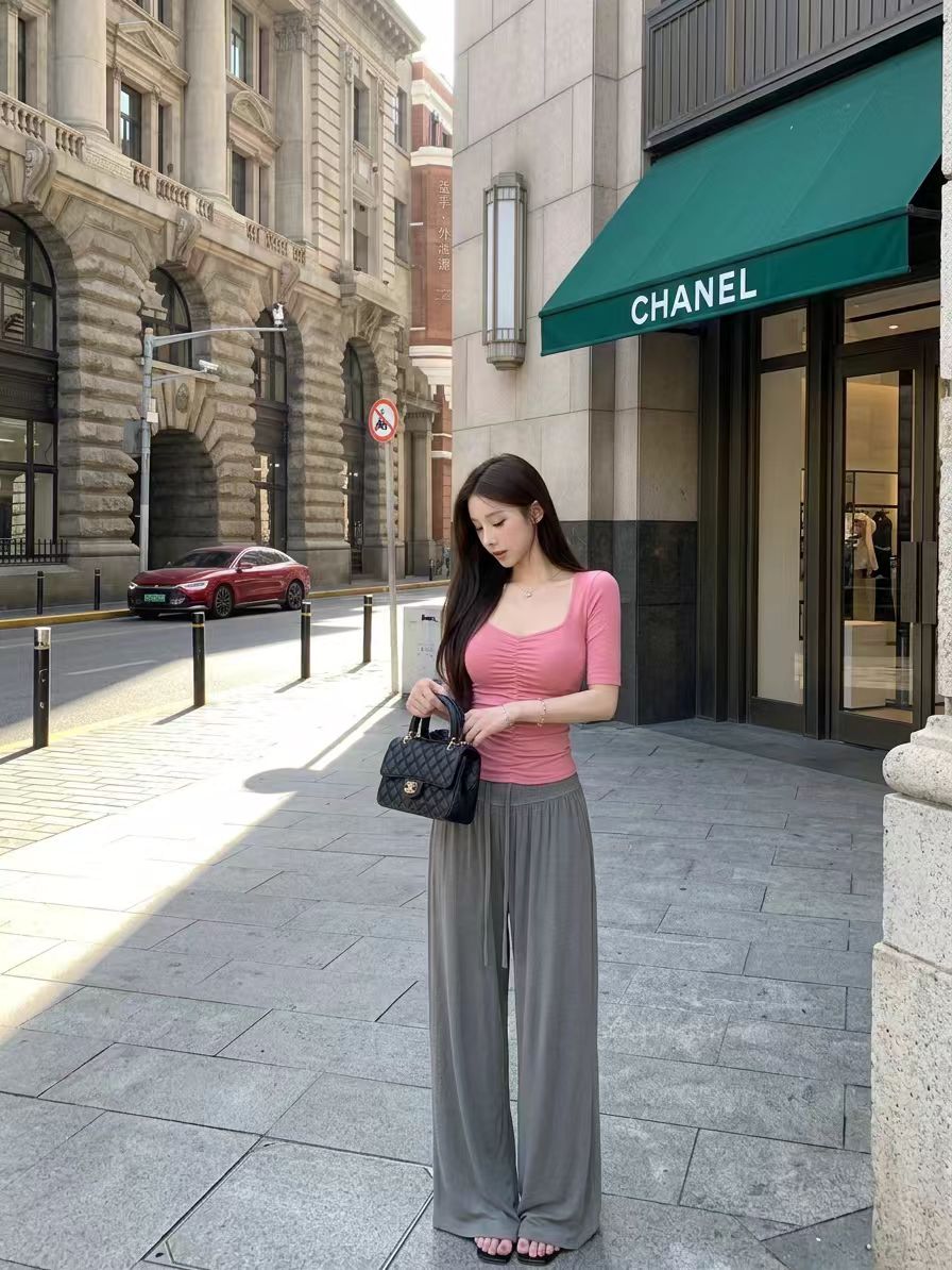 실사 정가 감소되지 않음 우유 피부 하느님 바지 프릴 펌프 Pleat 와이드 레그 팬츠 도루 가을 센스 루즈핏 긴 바지