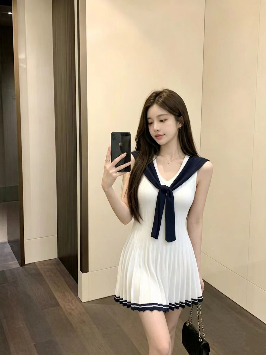 실사 정가 감소되지 않음 느슨함 한 부서 통기성 배색 숄 드레스 투피스 세트 여름 드레스