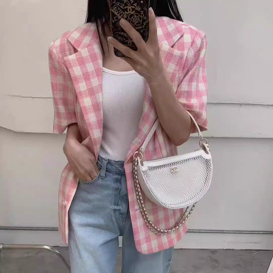 재고 있음 한국 동대문 여름 새로운 패치워크 색상 체크무늬 부서 버클 폴로 칼라 재킷