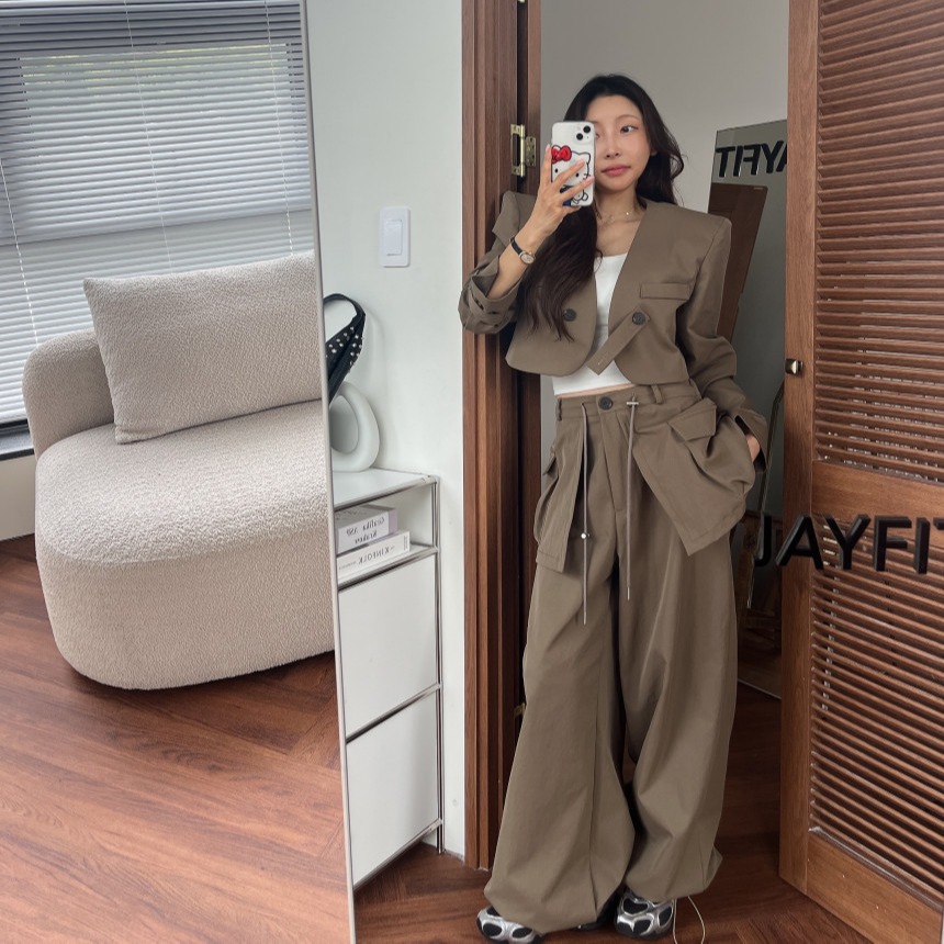 재고 있음 한국 동대문 봄 가을 섹션 패션 쇼트 스타일 재킷 벨트 랩스커트팬츠 캐주얼 바지
