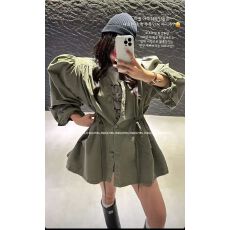 批发有货 韩国25秋新INS博主 时尚<b class='q'>甜美</b>泡泡袖纯色收腰显瘦风衣外套
