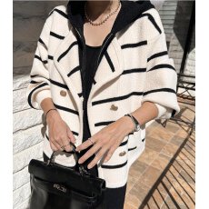 有货 韩式复古洋气撞色条纹双排扣连帽针织开衫假两件外套