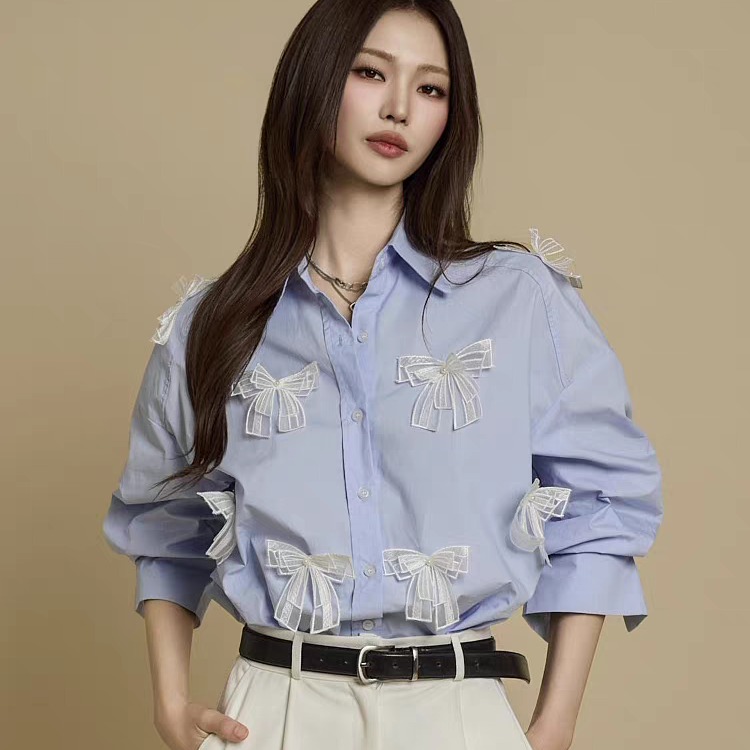 재고 있음 한국 동대문 3 차원 레이스 나비 매듭 루즈핏 폴로 칼라 중간 길이 여성 셔츠 대 에디션 셔츠
