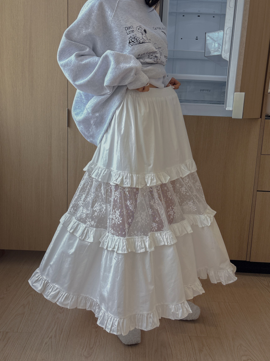 새로운 디자인 센스 꽃 망사 패치워크 반신 스커트 허리밴드 롱 스커트