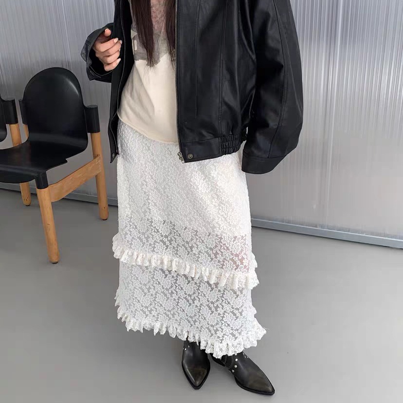 재고 있음 2026 봄 새로운 한국 스타일 다용도 하이웨이스트 슬림해 보이는 레이스 반신 스커트 여자 중간 롱 코트 투피스 세트