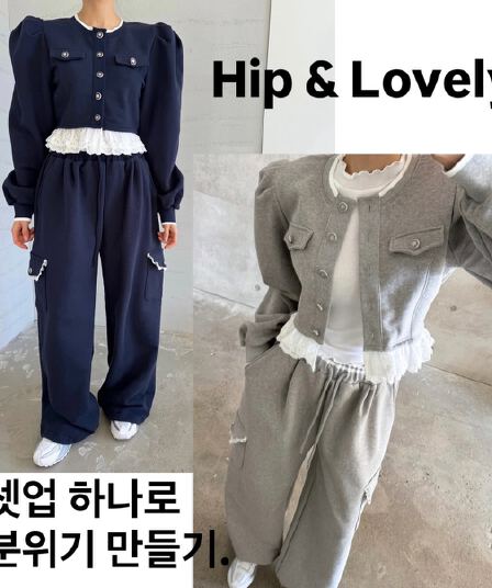 재고 있음 한국 동대문 봄 새로운 거품 소매 레이스 측면에 의류 웨이 바지 세트