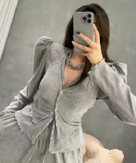 재고 있음 한국 동대문 ins 보 주님 26 봄 품격 어깨 패드 단색 달콤함 슬립 오픈 가디건 캐주얼 바지 3 세트