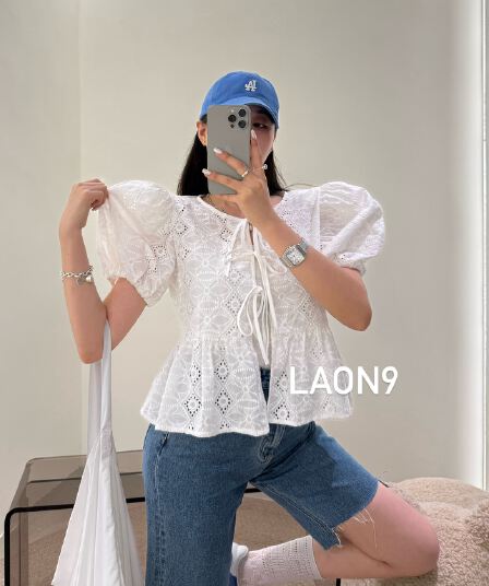 재고 있음 거품 소매 나비 넥타이 허리 수축 자카드 셔츠