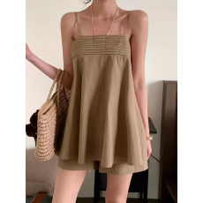 批发有货 韩版休闲棉麻宽松背心吊带松紧短裤两件套装