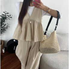 批发有货 <b class='q'>夏</b>季 V领系带无袖上衣+松紧腰阔腿裤 套装