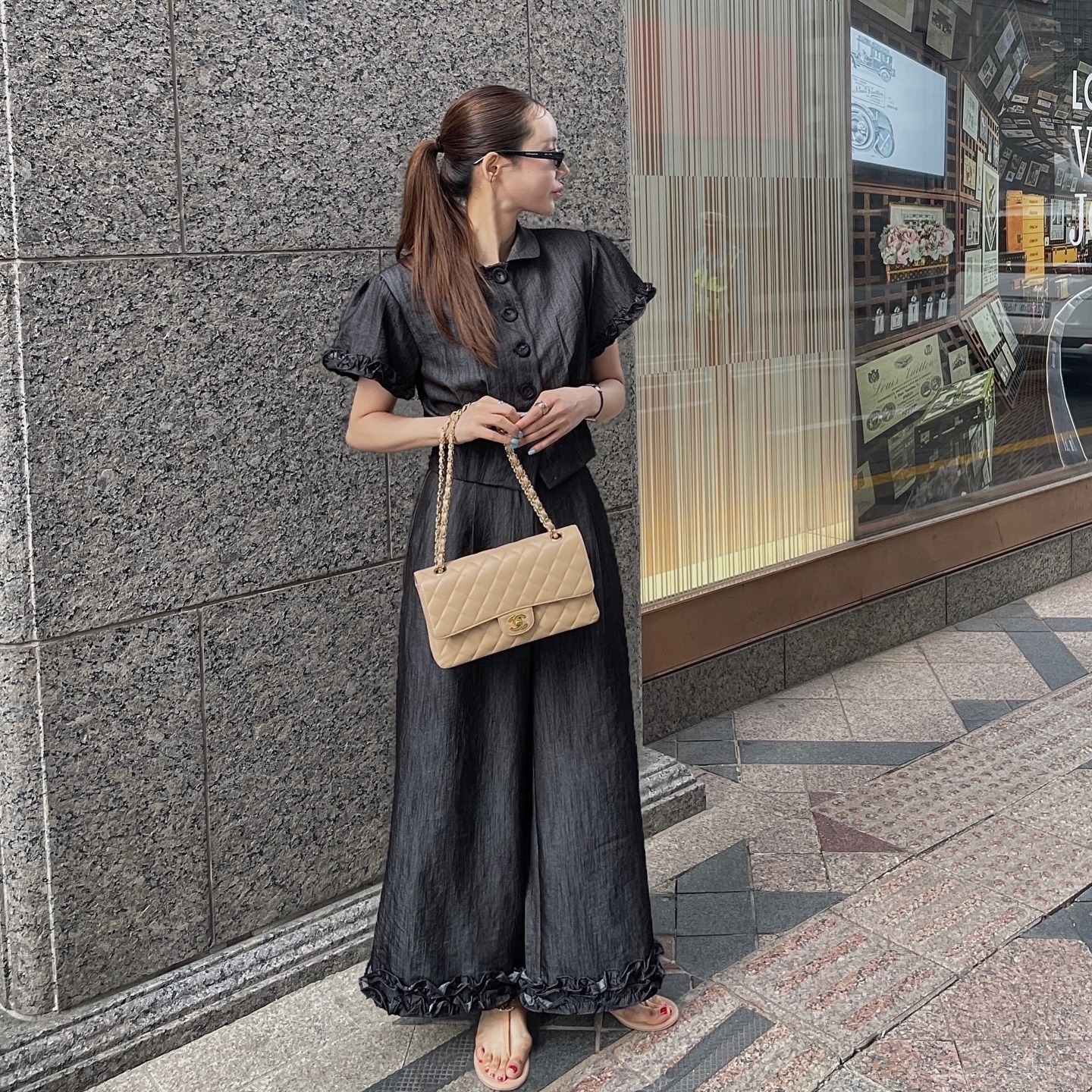 재고 있음 한국 동대문 봄 여름 달콤함 프릴 맨위 캐주얼 바지 세트