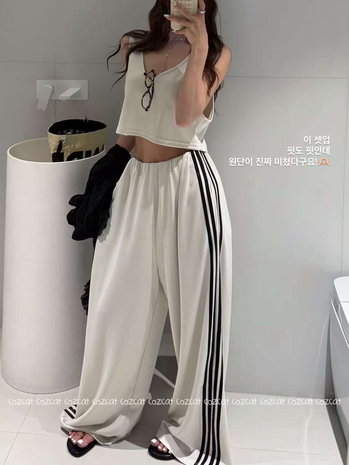 재고 있음 한국 스타일 슬립 작은 조끼 하이웨이스트 스트레이트 넓은 다리 조거 바지 캐주얼 운동 웨이 바지 느긋한 투피스 세트