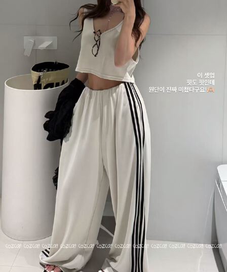 재고 있음 한국 스타일 슬립 작은 조끼 하이웨이스트 스트레이트 넓은 다리 조거 바지 캐주얼 운동 웨이 바지 느긋한 투피스 세트