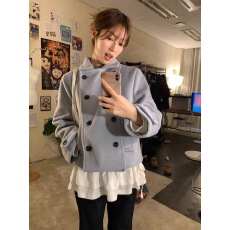 批发有货 复古学院风日系少女翻领双排扣夹棉小个子毛呢外套
