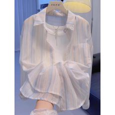 批发特价夏季新款女士冰丝长袖防晒衬衫条纹衬衣时尚洋气薄款外套上衣