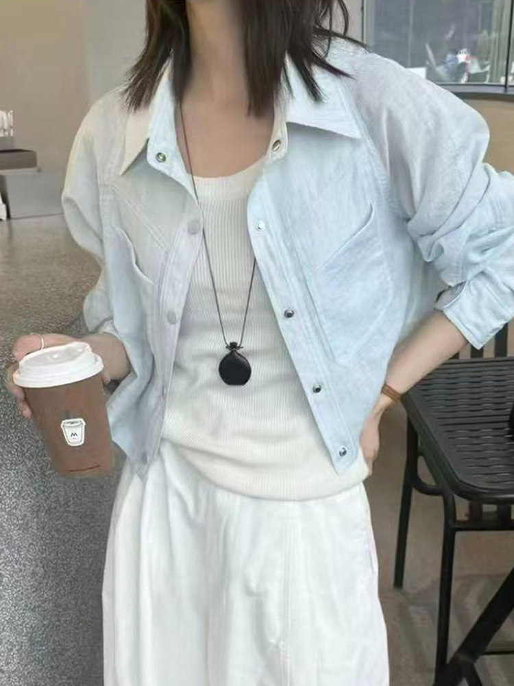 한 부서 폴로 칼라 싱글 줄 버튼 쇼트 스타일 여성 코트 봄 여름 표지 배 슬림해 보이는 긴팔 얇은 스타일 자외선 차단 오픈 가디건