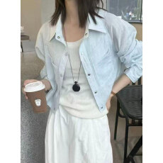 批发特价韩系翻领单排扣<b class='q'>短款</b><b class='q'>外套</b>女春夏季遮肚子显瘦长袖薄款防晒开衫