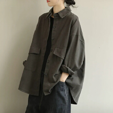 批发复古大码宽松遮肚长袖<b class='q'>外套</b>春秋女装新款<b class='q'>百搭</b>休闲纯色纯棉长袖上衣